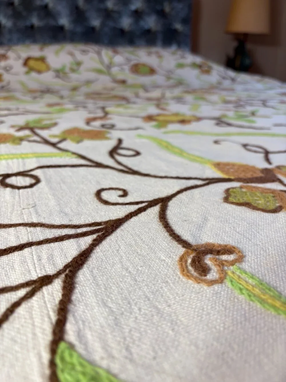 Vintage Handmade Crewel Embroidered Bedspread 114 x 107 inches